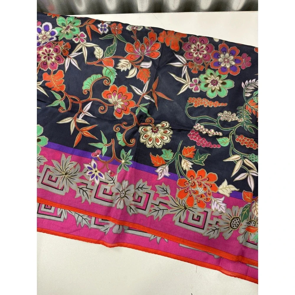 VTG Oscar de La Renta Silk Scarf Floral Pink Fuchsia Navy Blue Square 35